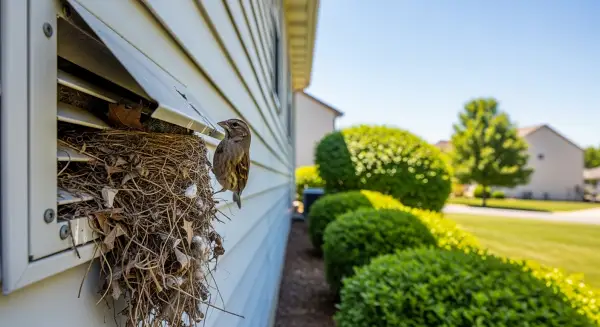 bird nest on the vent on the side of a house