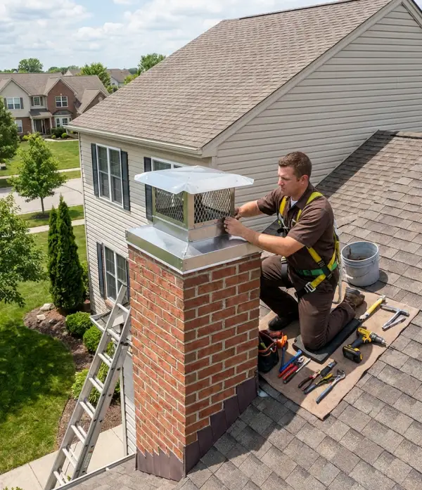 technician sealing chimney with a screen cap to keep birds out